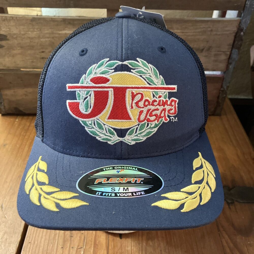 JT Racing USA Flexfit Trucker Hat Navy Blue Mesh Back Embroidered Cap S/M NWT